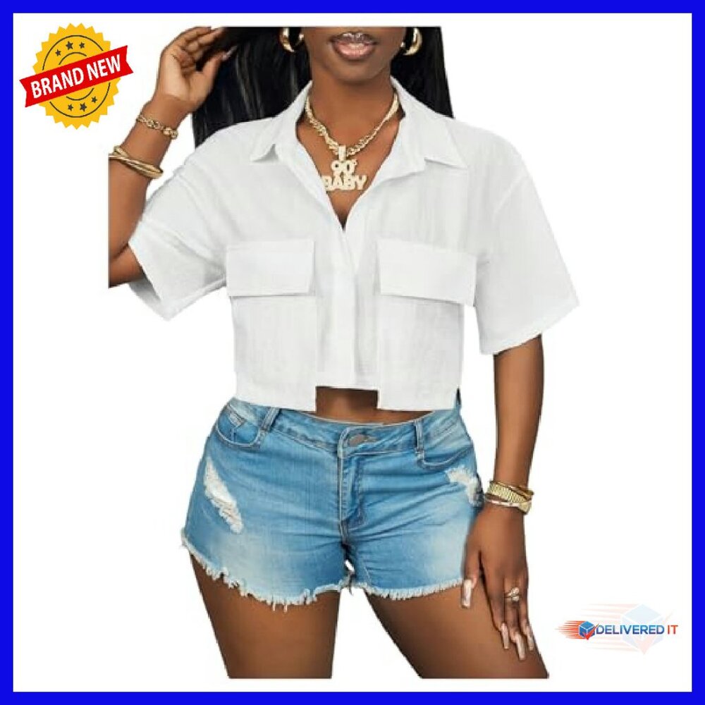 Button Down Asymmetrical Crop Top - Soft Material… - image 2